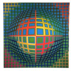 Vintage Fantastic Op Art Painting with Bright Colors in the Manner of Victor Vasarely