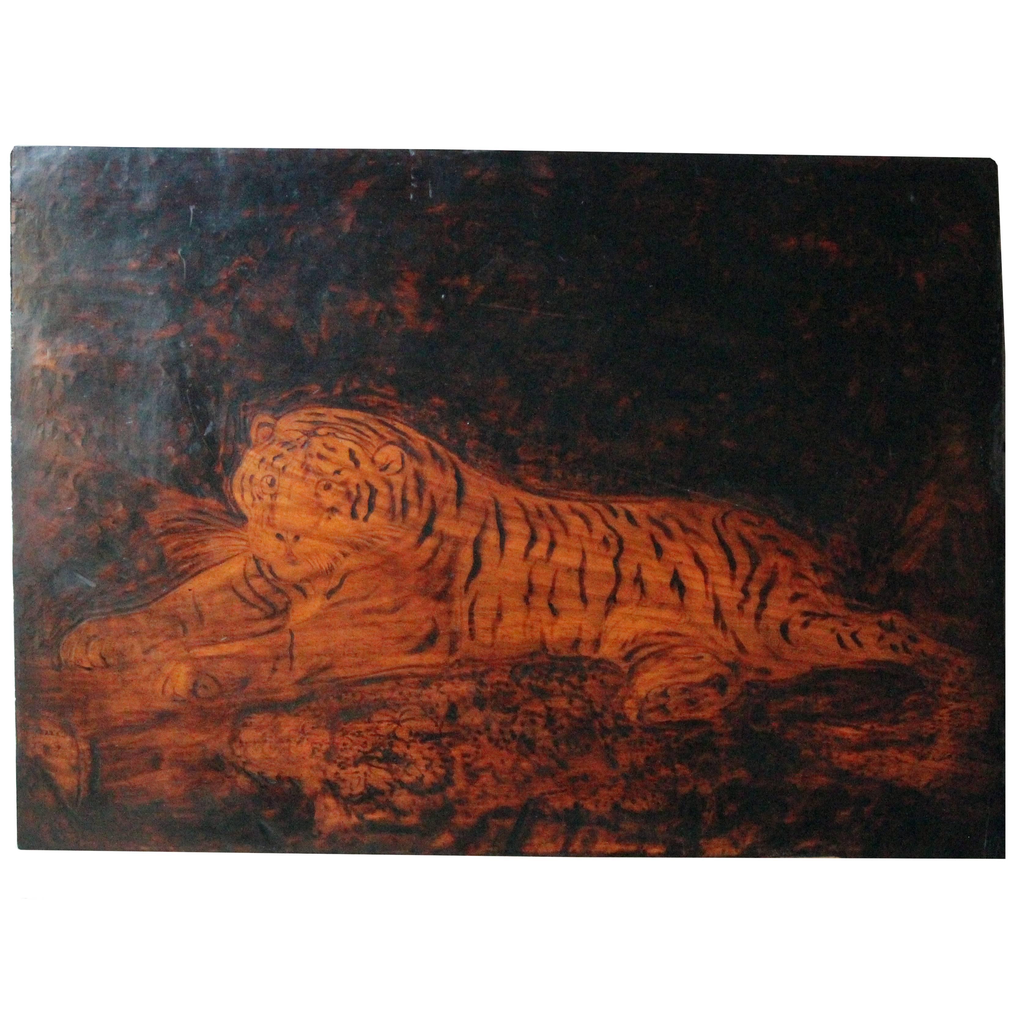 Regency Pyrography Panel of a Tiger by Joseph Smith after George Stubbs
