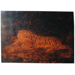 Antique Regency Pyrography Panel of a Tiger by Joseph Smith after George Stubbs