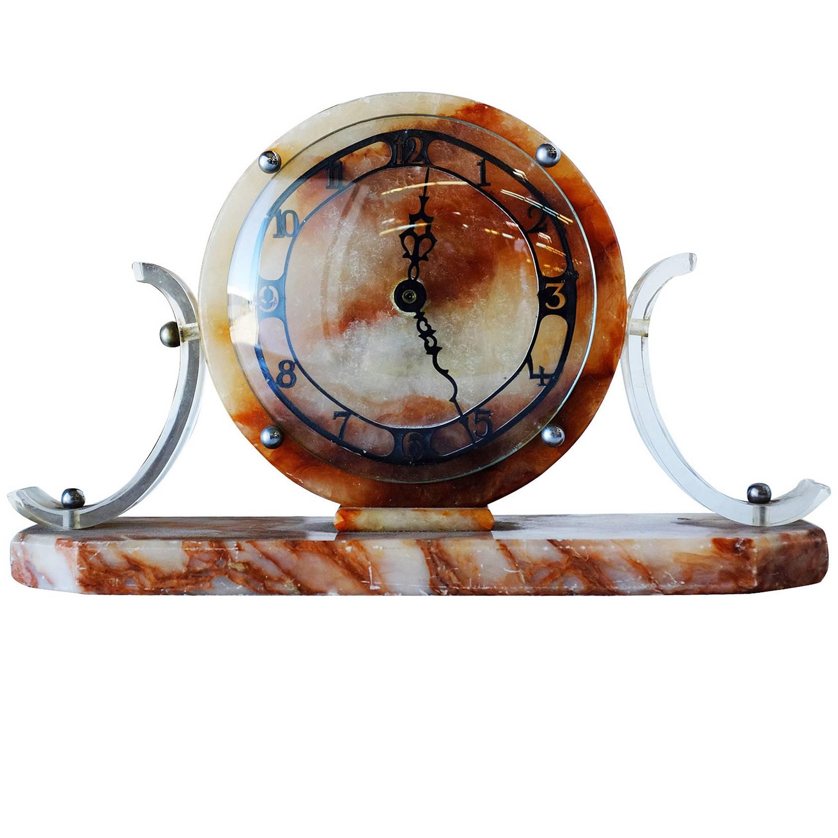 Mid-Century Acrylic and Marble Modernist Mantel Clock