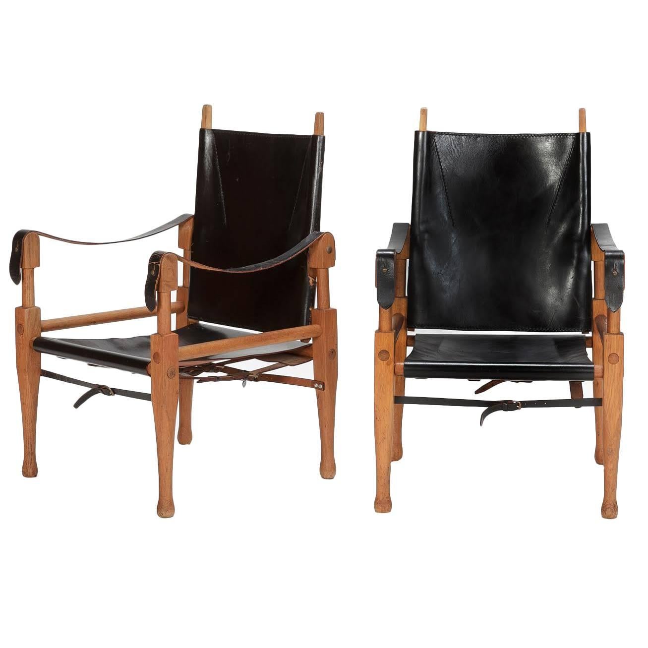 Pair of Swiss Wilhelm Kienzle Leather and Oak Safari Chairs, 1950s