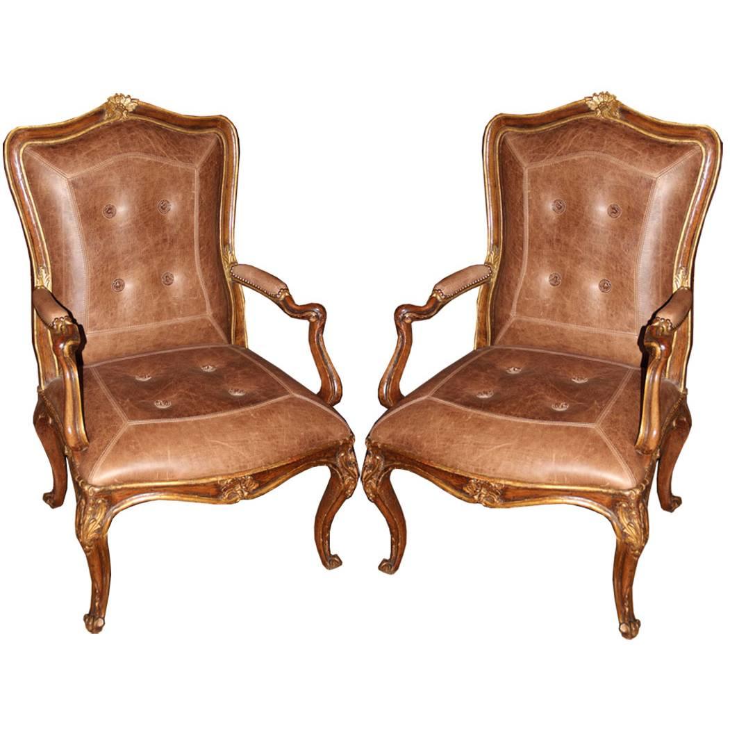Pair of 18th Century Italian Louis XV Walnut and Parcel-Gilt Armchairs For Sale