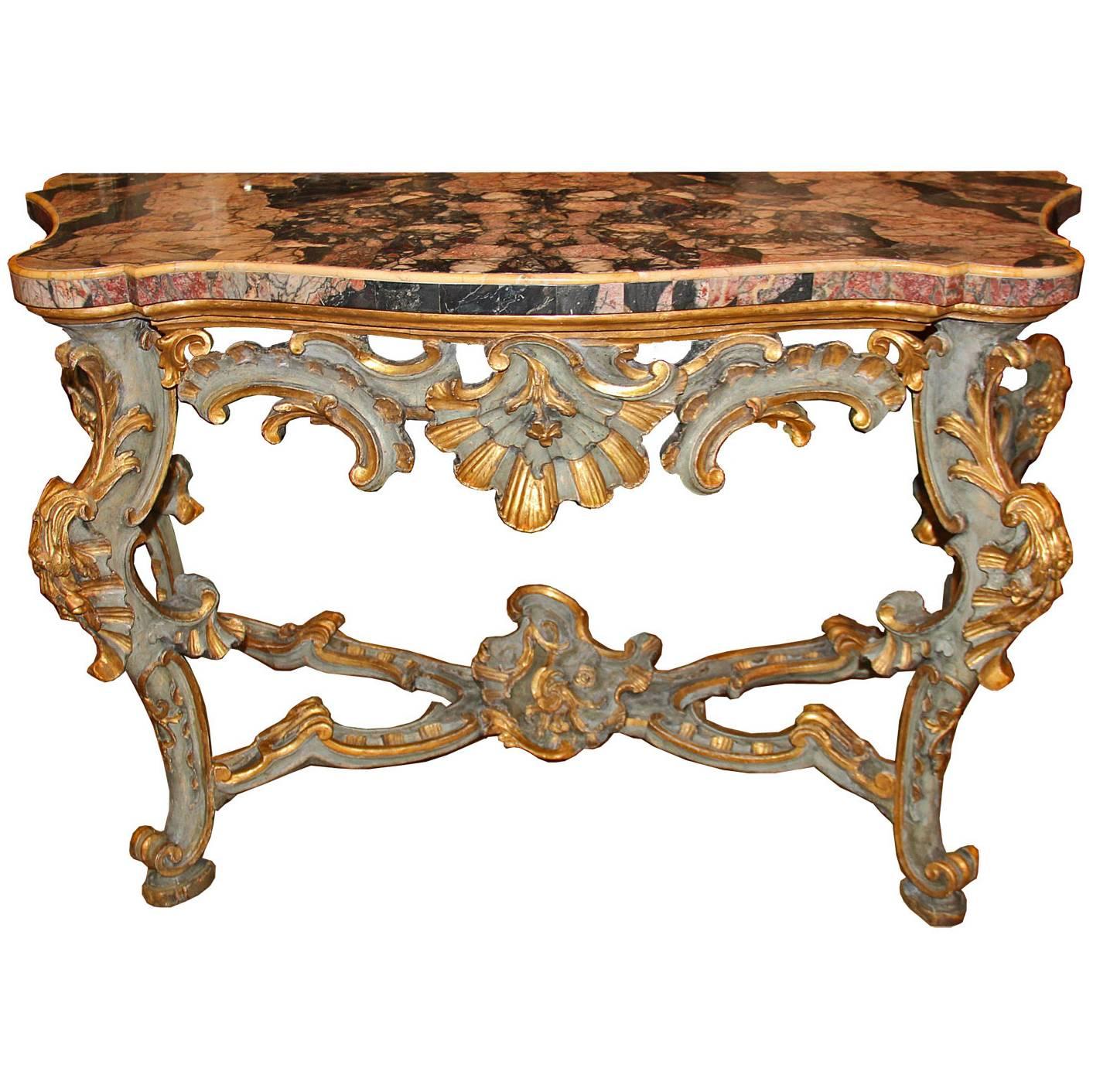 18th Century Venetian Rococo Pale Blue Polychrome and Parcel-Gilt Console For Sale