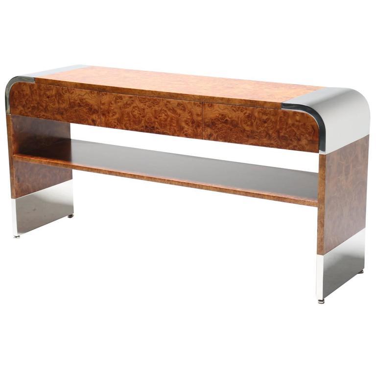 Pace Collection chrome and burlwood console table by Leon and Irving
