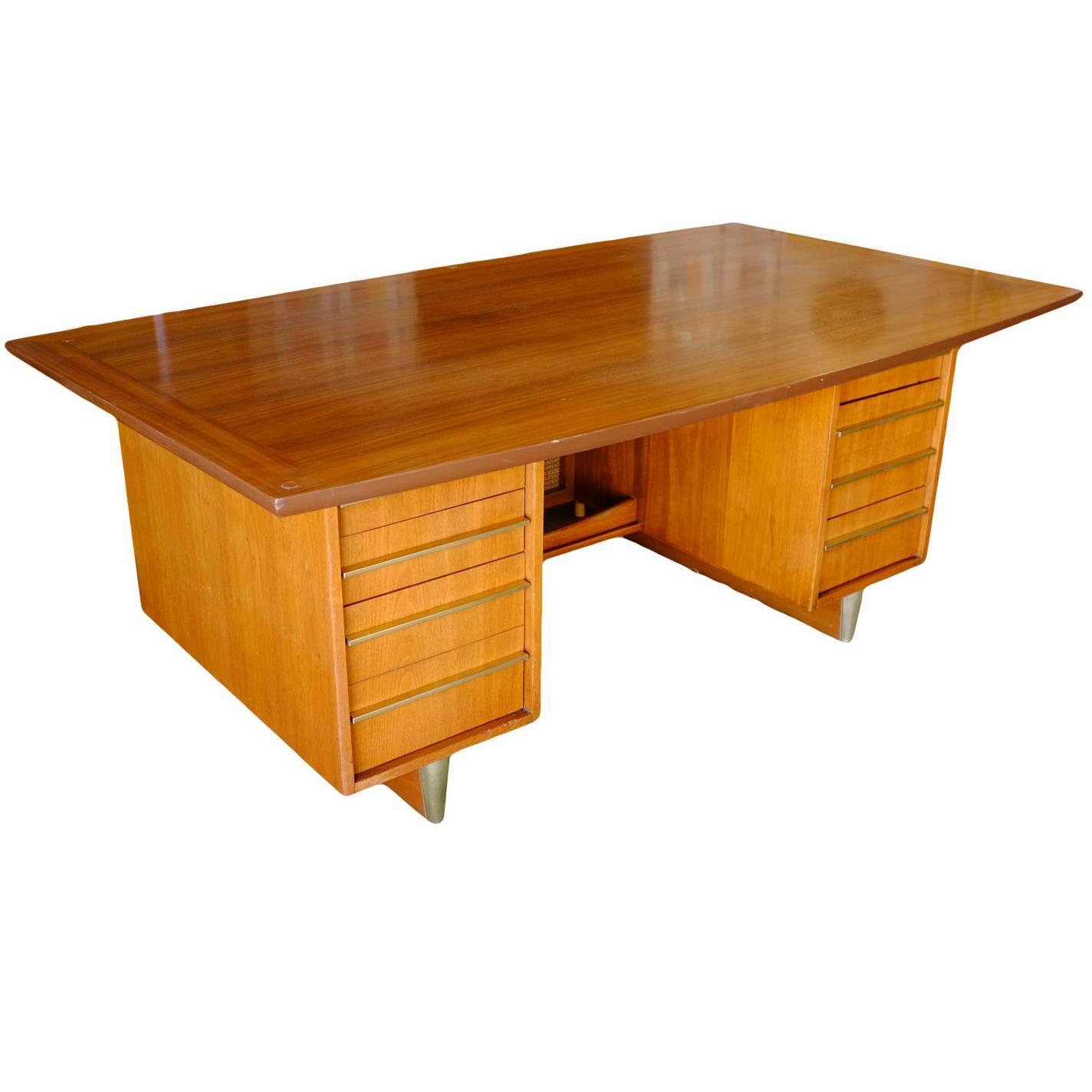 MidCentury "The Boss" Mahogany Executive Desk with Brass Pulls For