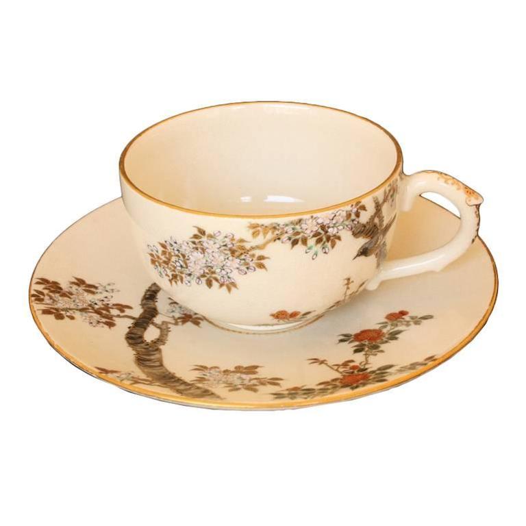 Japanese Cup and Saucer, Satsuma Ceramics by Yabu Meizan, Cherry