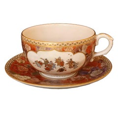 Antique Japanese Cup and Saucer, Satsuma Ceramics by Yabu Meizan, Red Flowers