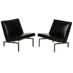 Joseph Andre Motte Black Tempo Pair Lounge Chairs Brass Mid-Century, France