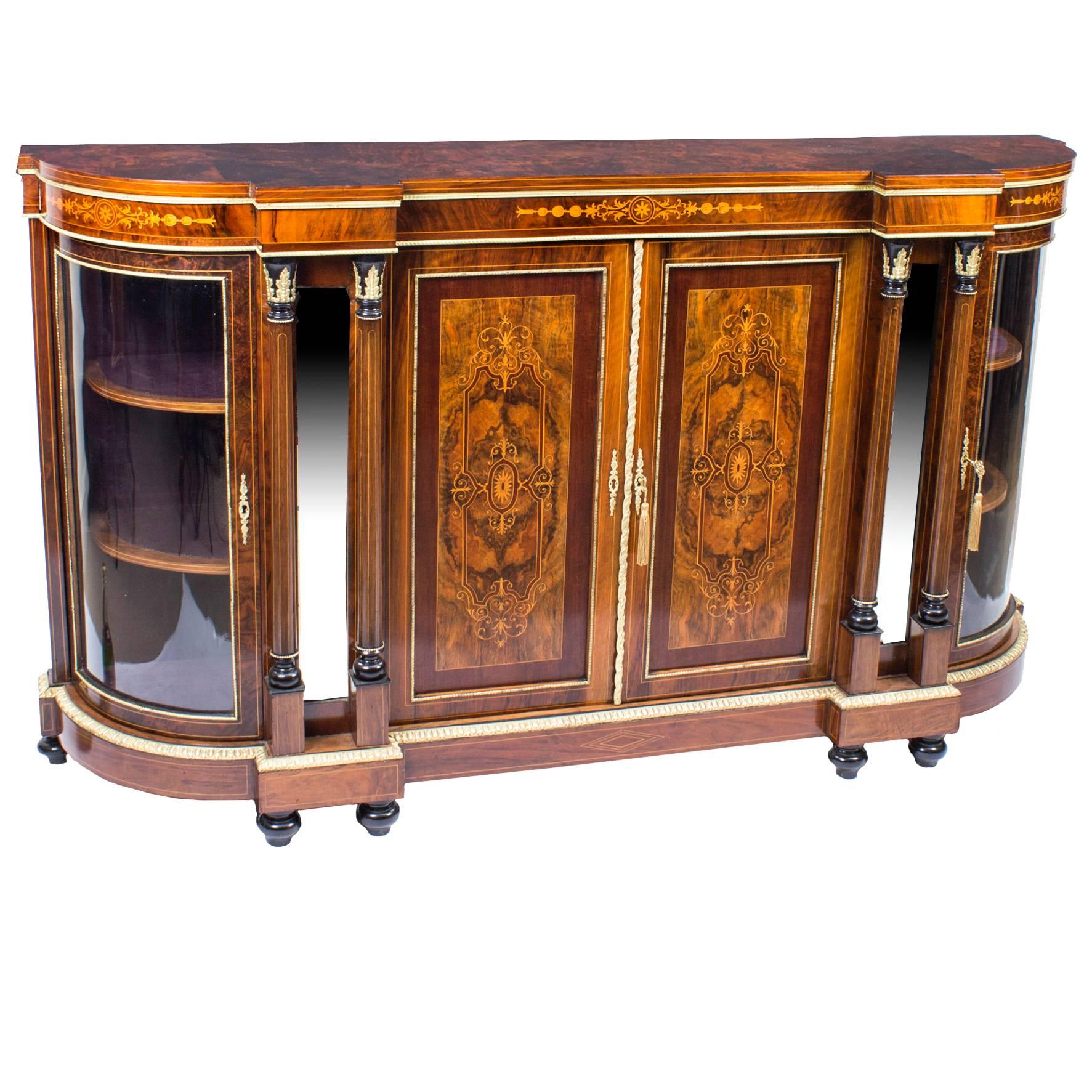 Antique Victorian Burr Walnut Inlaid Four-Door Credenza, circa 1880