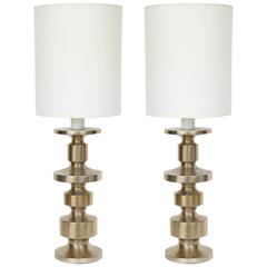 Pair of Modernist Brushed Steel Totem Table Lamps
