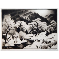 Taos Artist Gene Kloss Original Drypoint, "Morning After Snowfall"