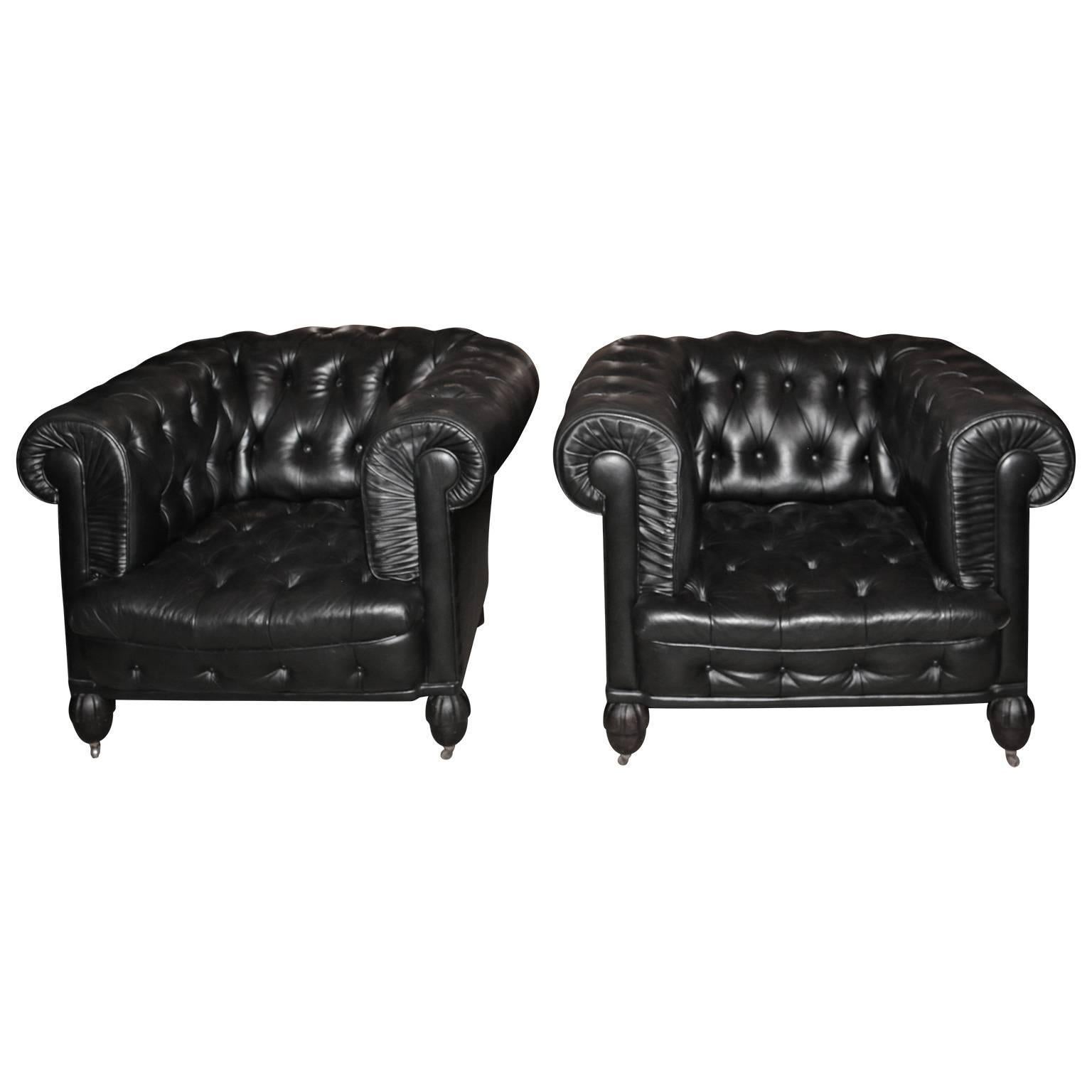 Pair of Chesterfield Leather Tufted Club Seats