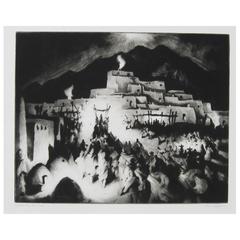 Taos Artist Gene Kloss Original Drypoint, Christmas Eve, Taos Pueblo