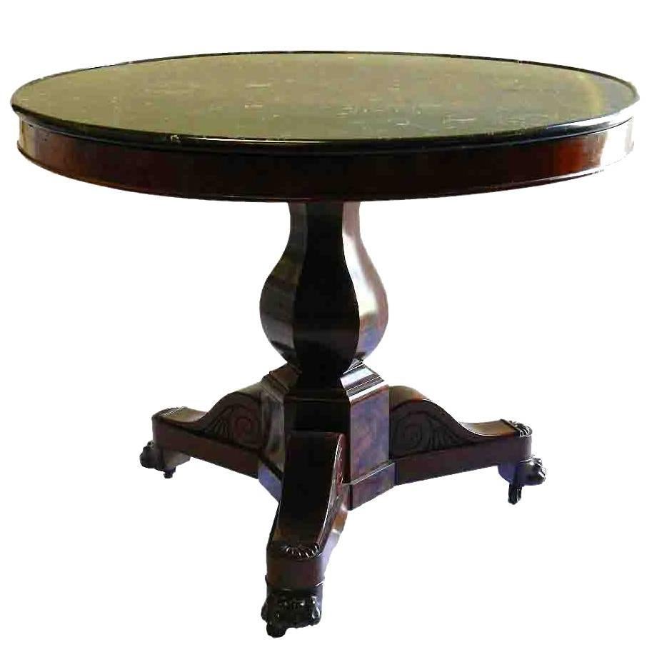 19th Century French Gueridon Table Charles X Mahogany Marble-Top Lion Paw Feet
