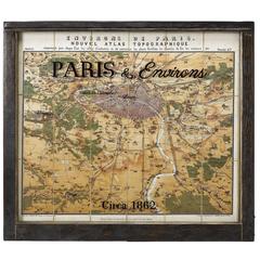 1862 Guittet View and Map of Paris in Antique Windowpane Frame