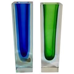 Set of Two Blue and Green Sommerso Murano Vases