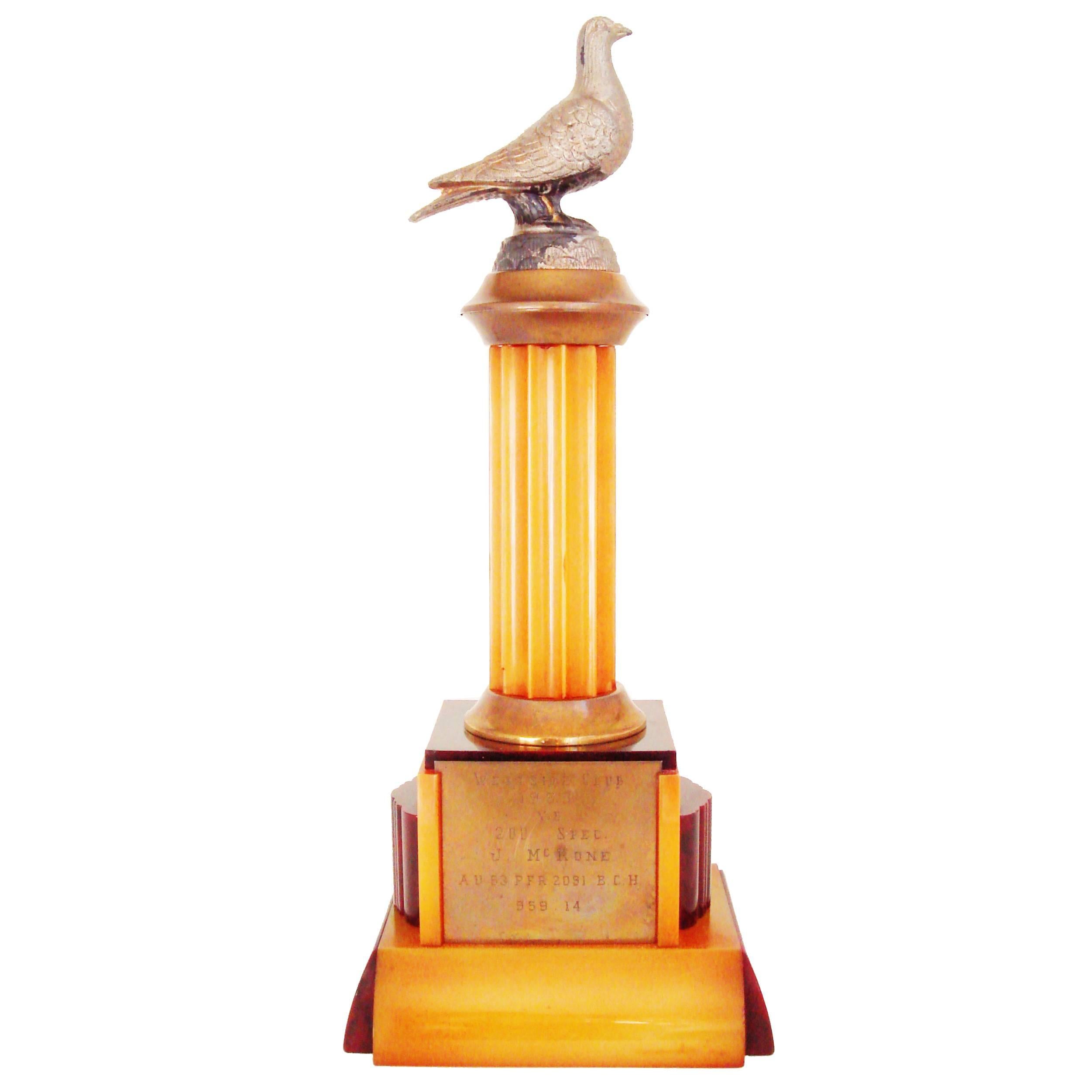 American Art Deco Brass, Amber & Marbled Burgundy Catalin Pigeon Racing Trophy. 