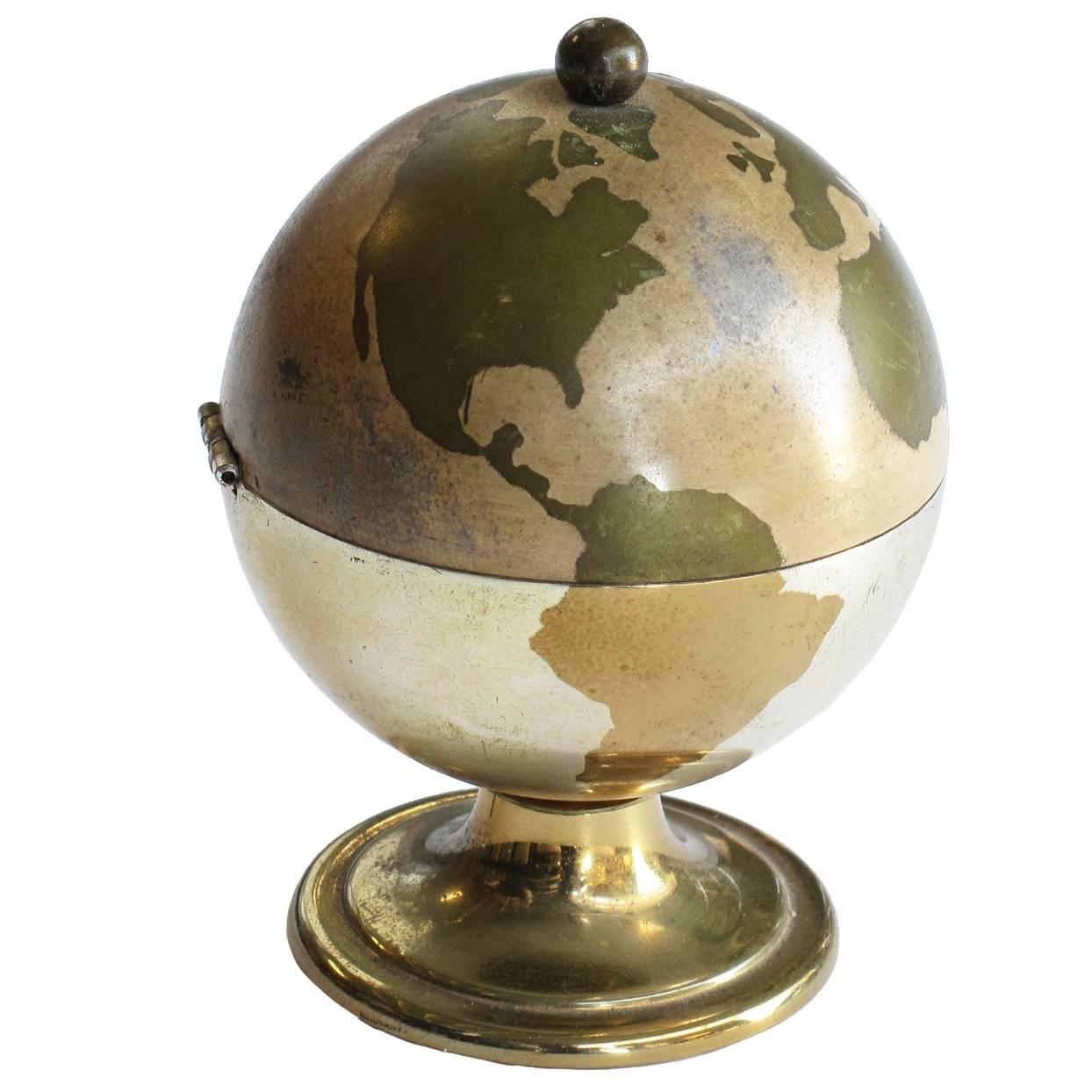 Vintage Deco Style Brass World Globe Table Lighter with Flip Top Lid on Base For Sale
