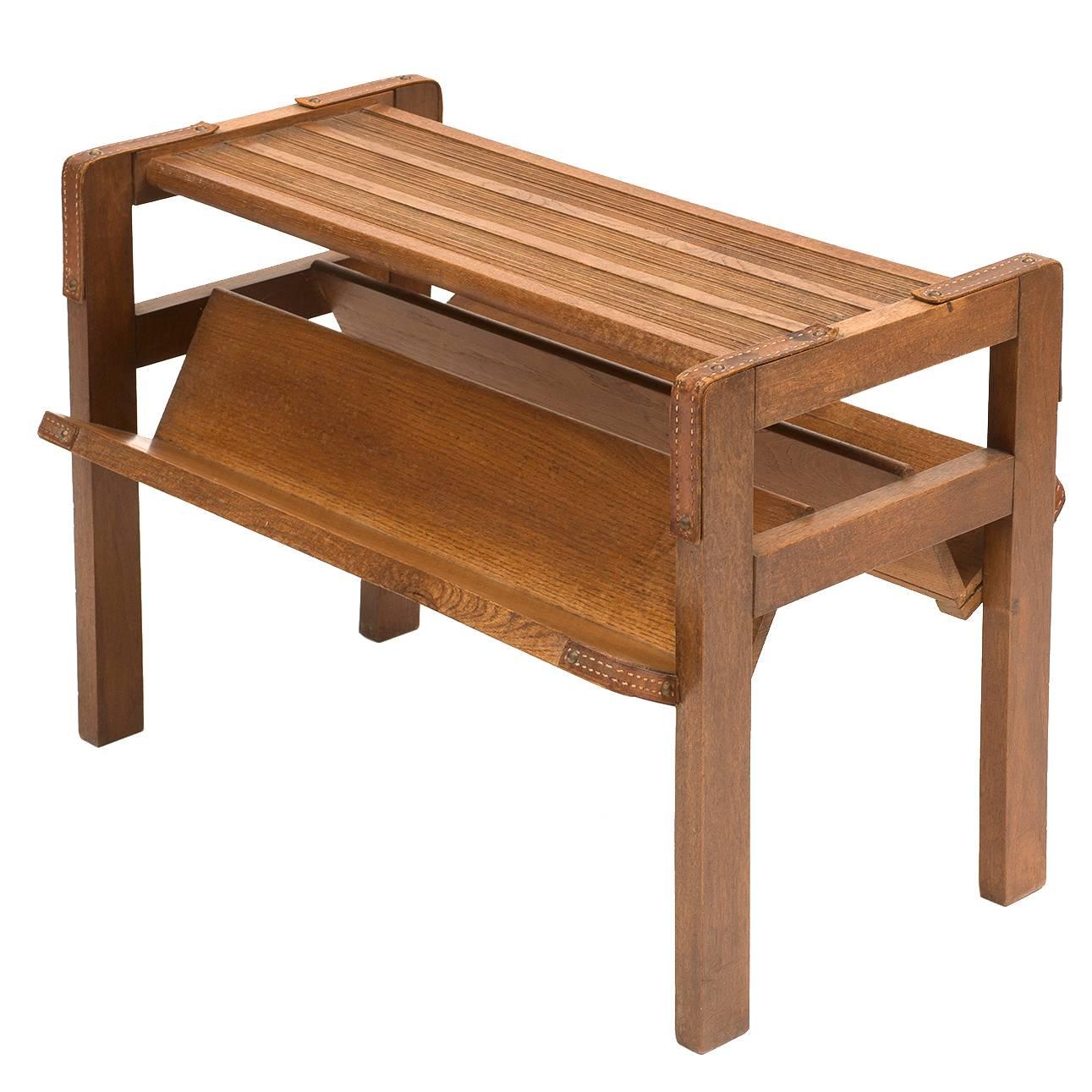 Jacques Adnet Library Side Table in Oak and Leather, 1950s