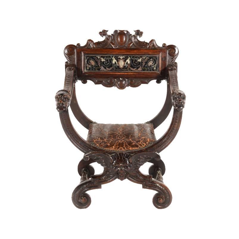 Antique Carved-and-inlaid 19th Century Italian Savonarola Chair