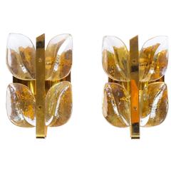 One Out of Three Leaf Glass and Brass Sconces by J.T. Kalmar