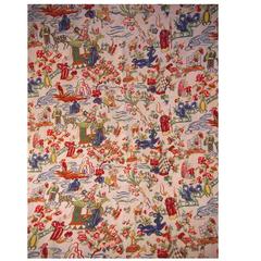 Retro French Printed Cotton Chinoiserie Textile with Pagodas and Figures