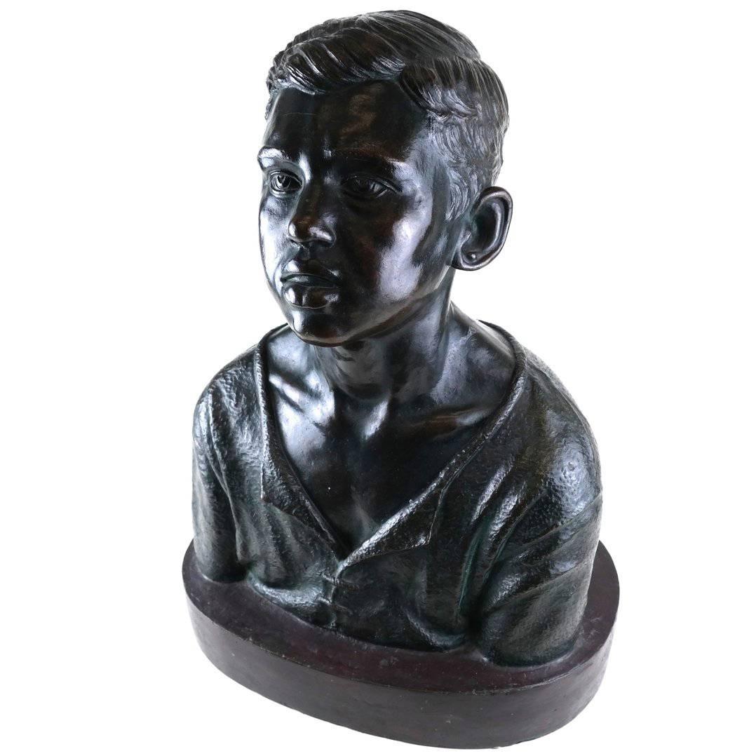 Life Sized Cast Bronze Bust of Expressive Young Boy on Oval Base For Sale