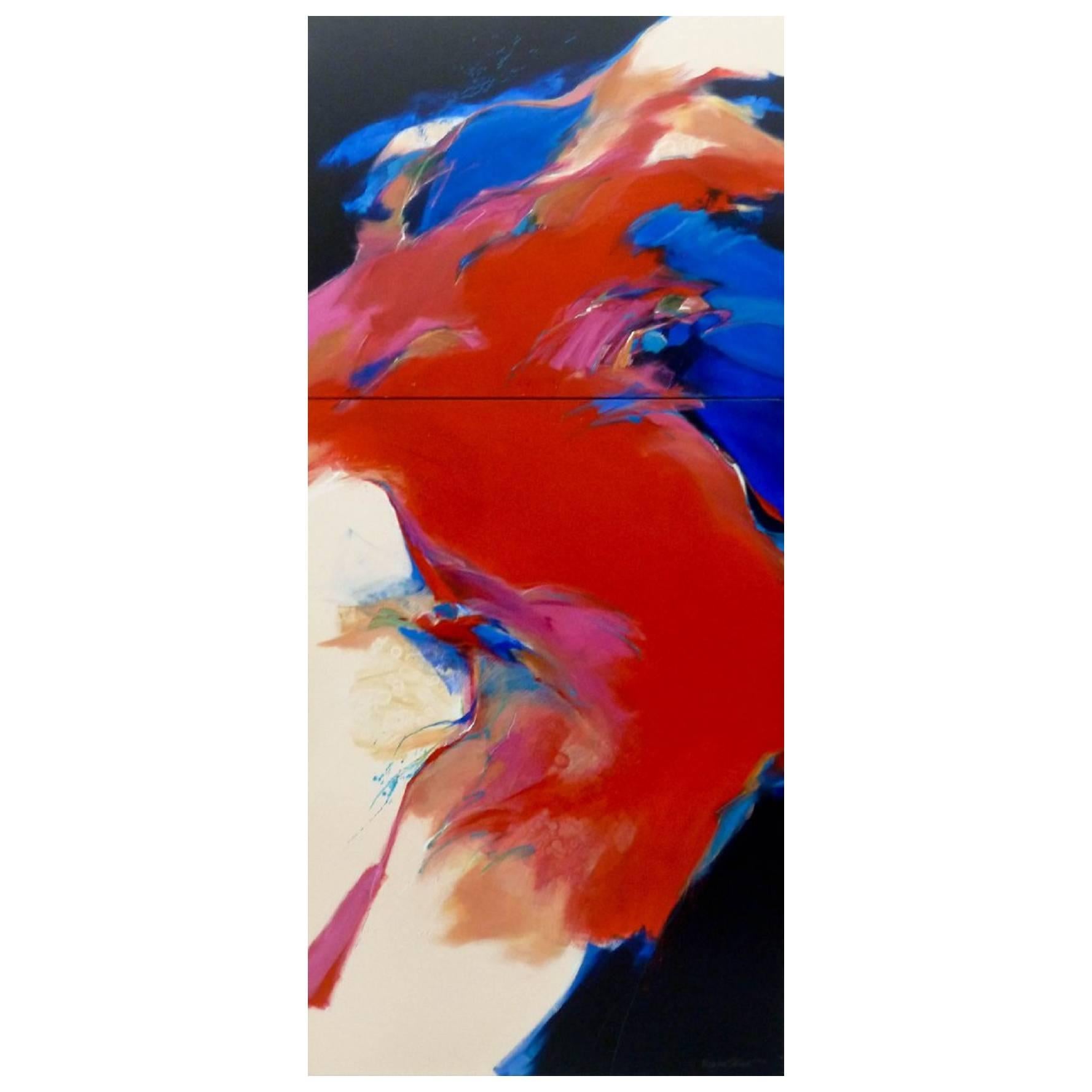 Monumental Acrylic on Canvas Painting 'Diptych' by Mary Jane Schmidt "Red Wind" For Sale