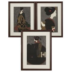 Three Framed Woodblock Prints of Japanese Geishas by Kiyoshi Saito