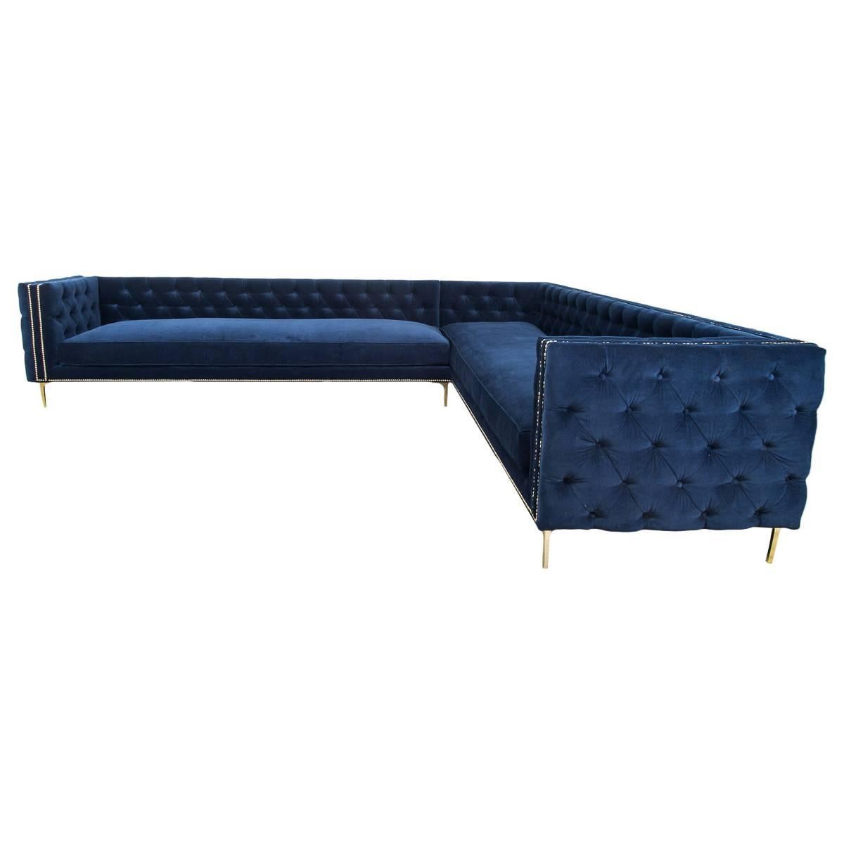 Modern Style Inside-Out Sectional in Regal Blue Velvet w/ Brass Hardware & Legs For Sale