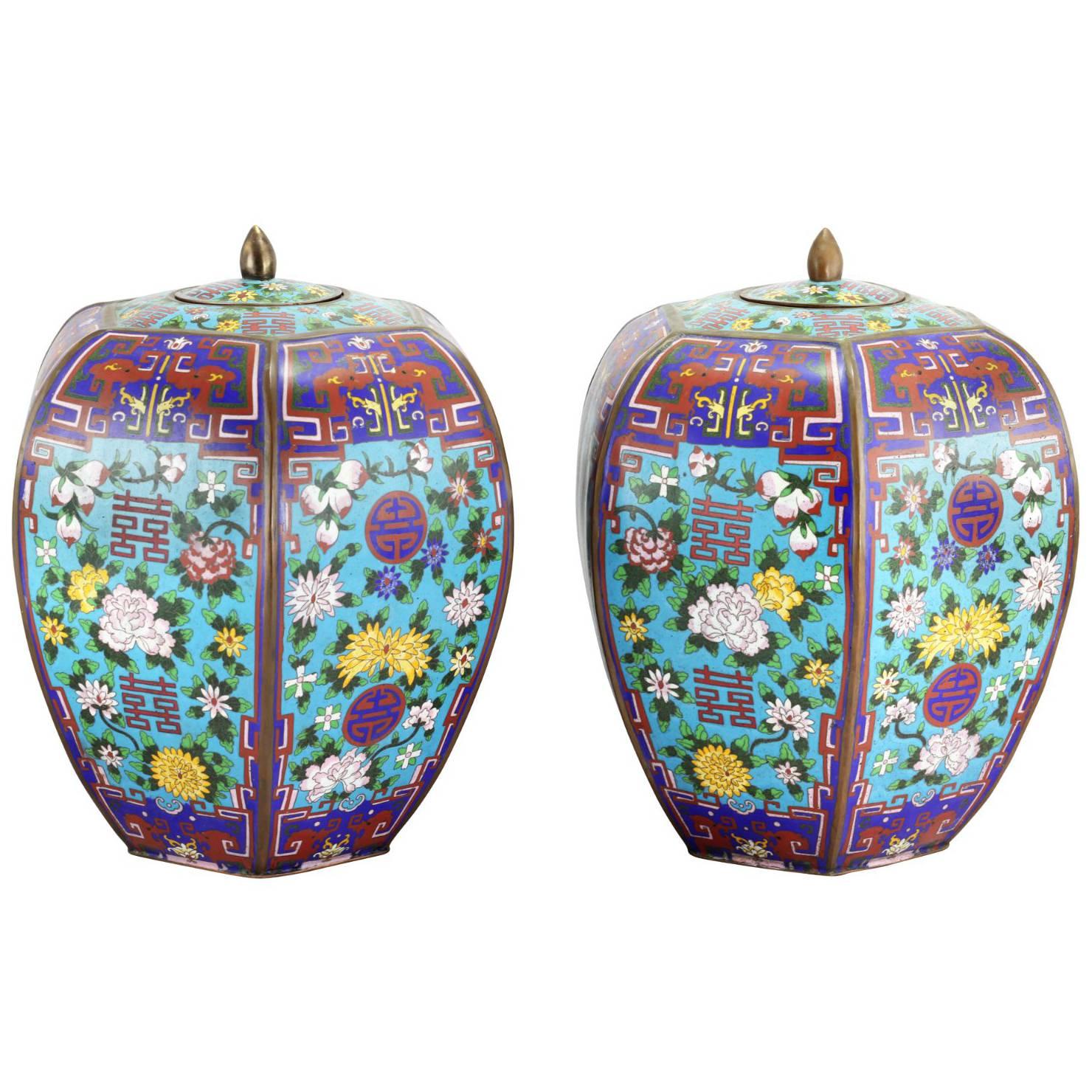 Pair of Large Chinese Cloisonne Enamel Lidded Jars For Sale