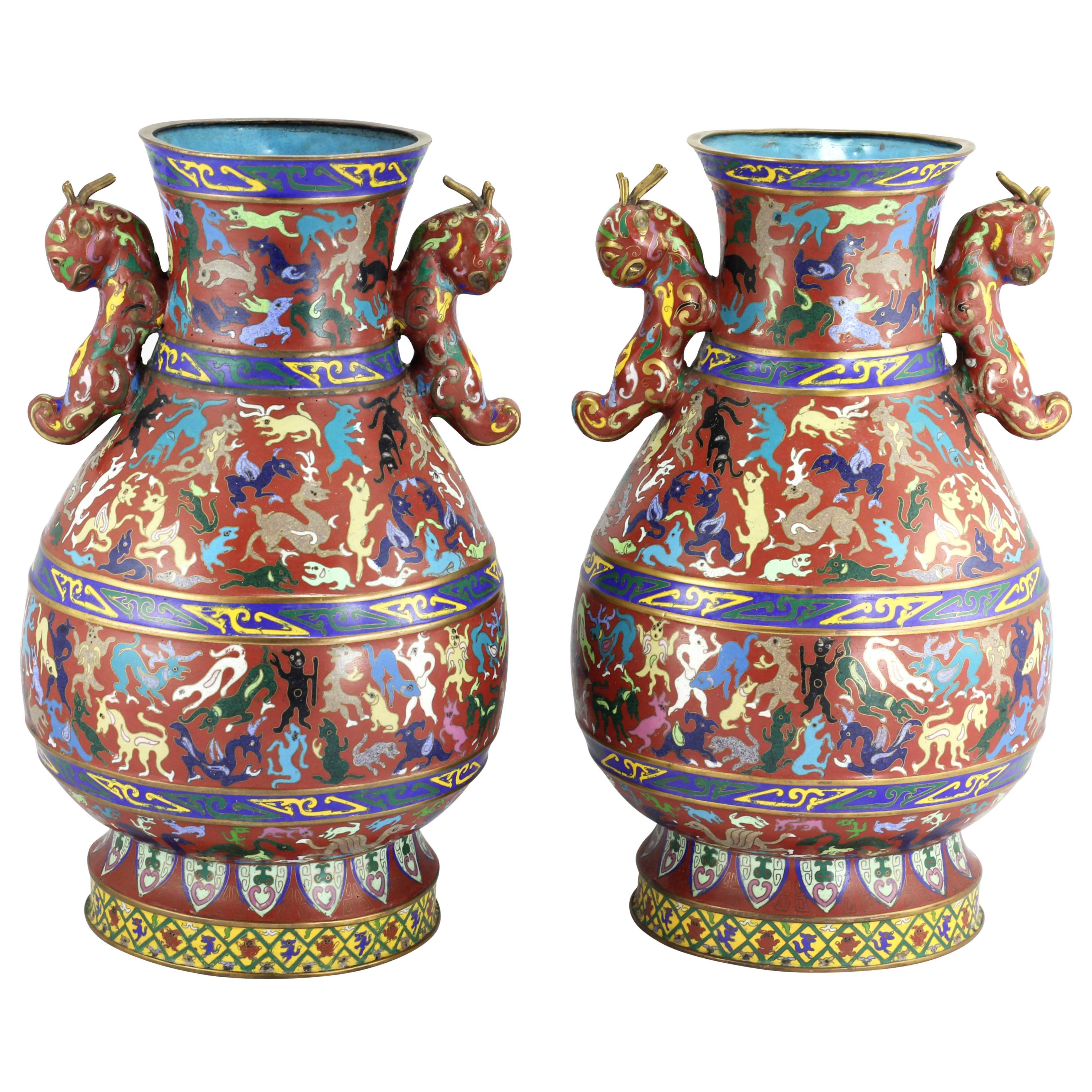 Pair of Chinese Cloisonne Vases with Handles For Sale