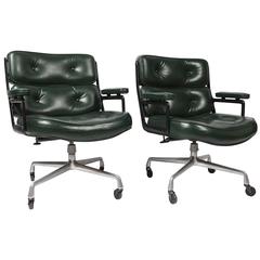 Pair of Eames ES 106 Green Leather Desk Chair
