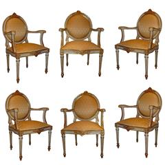 Set of Six Neapolitan Painted and Gilt Wood Armchairs, Italy, circa 1780