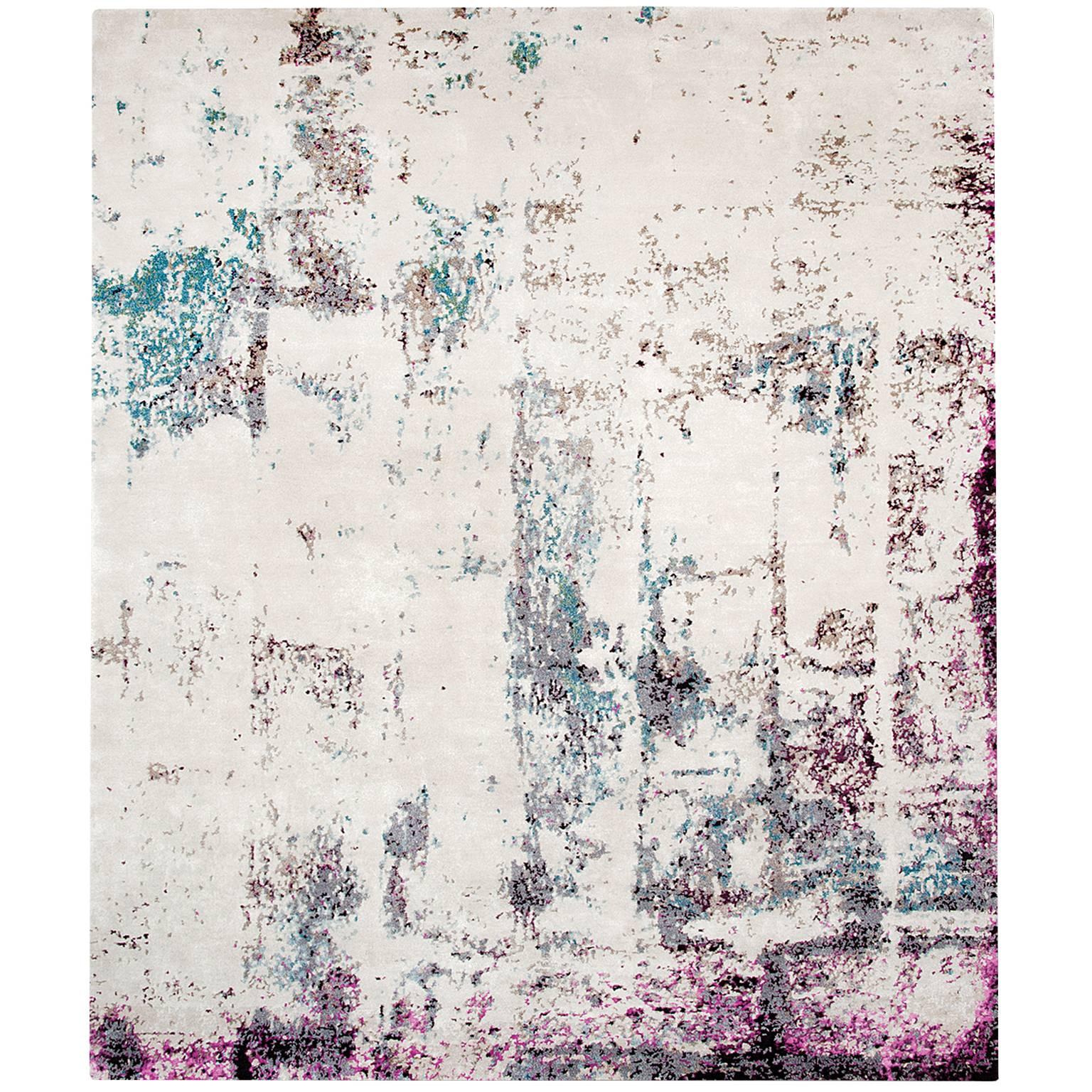 'Brick No. 04_Teal' Hand-Knotted Tibetan Contemporary Abstract Rug Wool & Silk For Sale