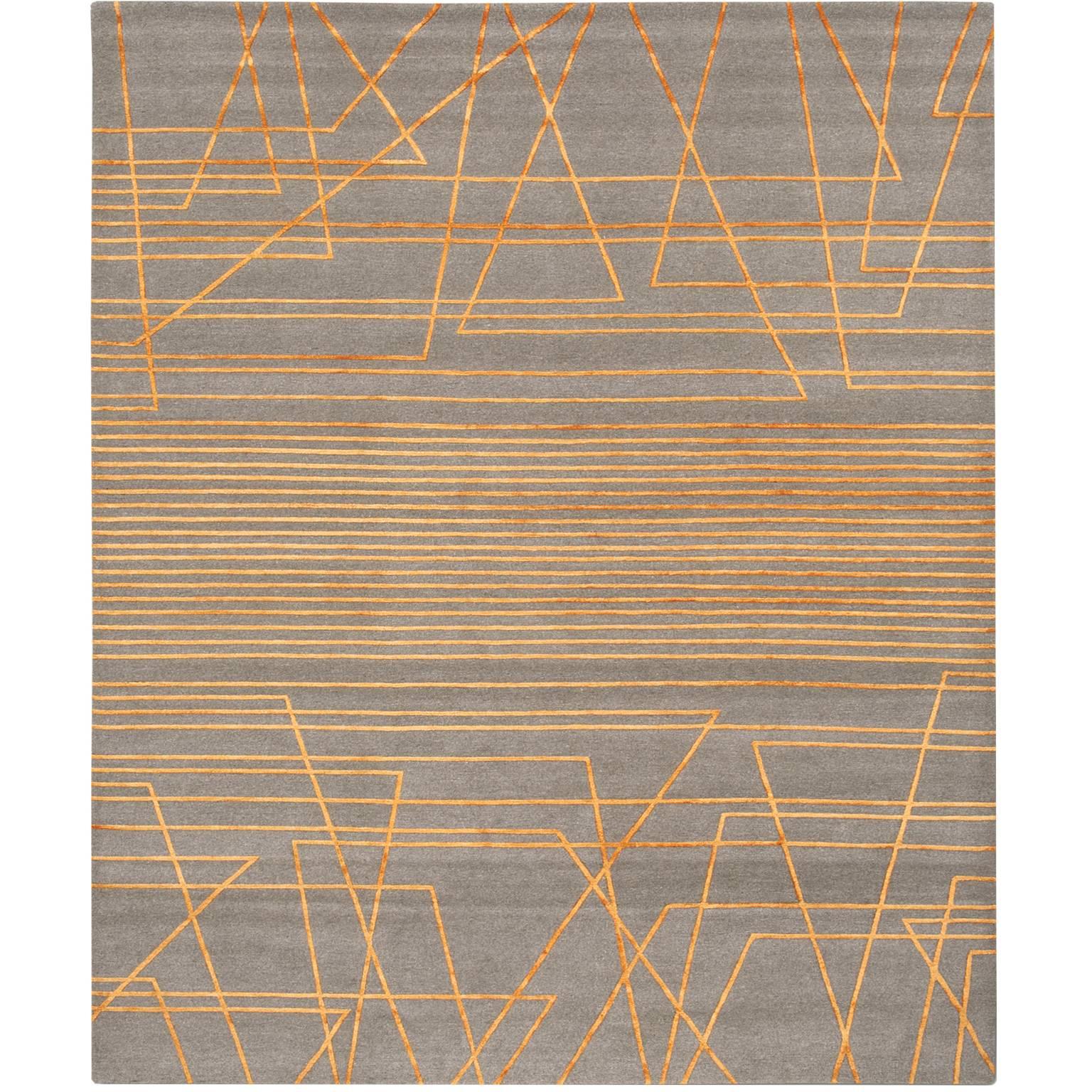 'Broken Lines 02_Orange Up' Hand-Knotted Tibetan Modern Geometric Rug Wool Silk For Sale