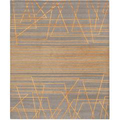 'Broken Lines 02_Orange Up' Hand-Knotted Tibetan Modern Geometric Rug Wool Silk