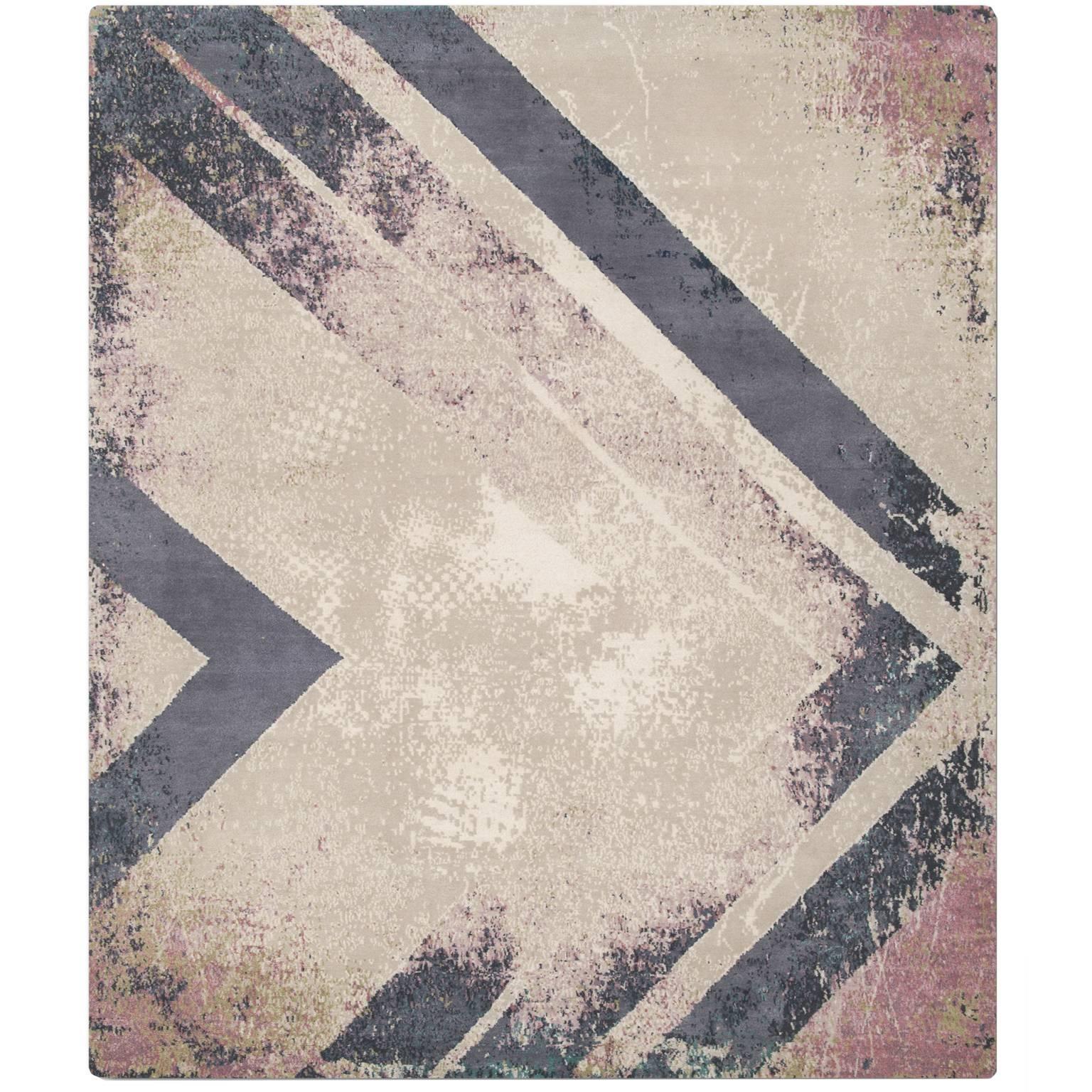 'Chevron_earth' Hand-Knotted Tibetan Contemporary Abstract Rug Wool & Silk For Sale