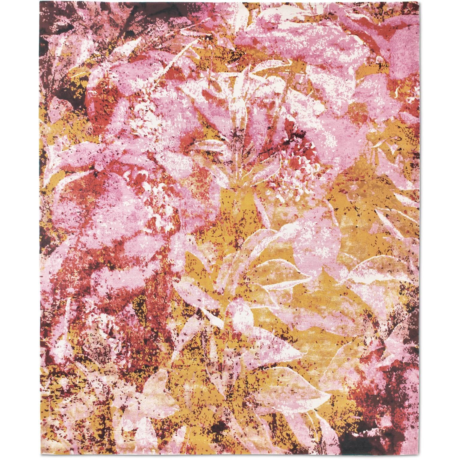 'Country Garden_Pink' Hand-Knotted Tibetan Contemporary Abstract Rug Wool & Silk For Sale