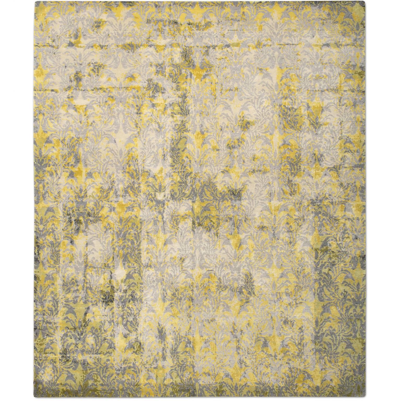 'Cover_Yellow' Hand-Knotted Tibetan Contemporary Abstract Rug Wool & Silk For Sale