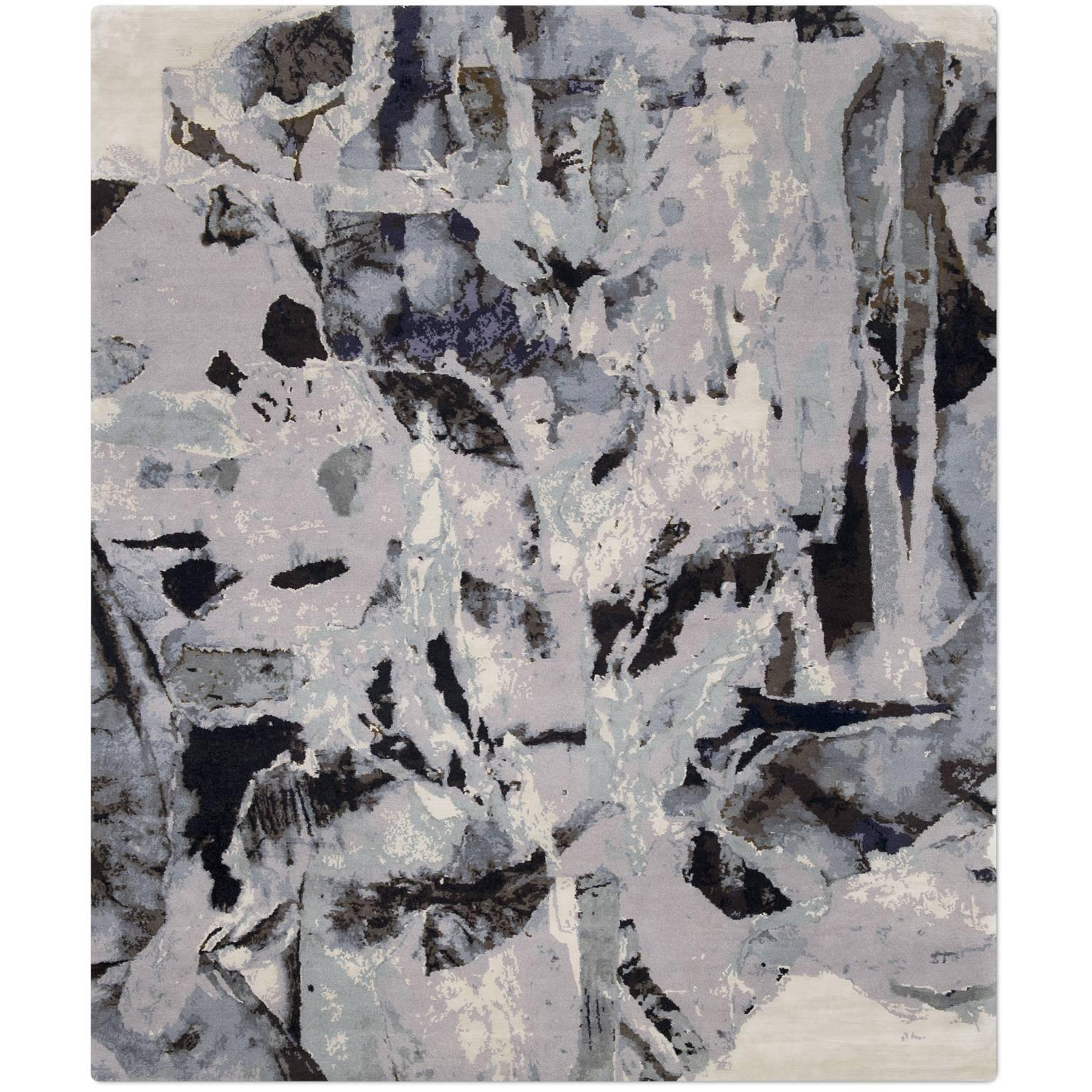 'Montage_Grey' Hand-Knotted Tibetan Contemporary Abstract Rug Wool & Silk For Sale