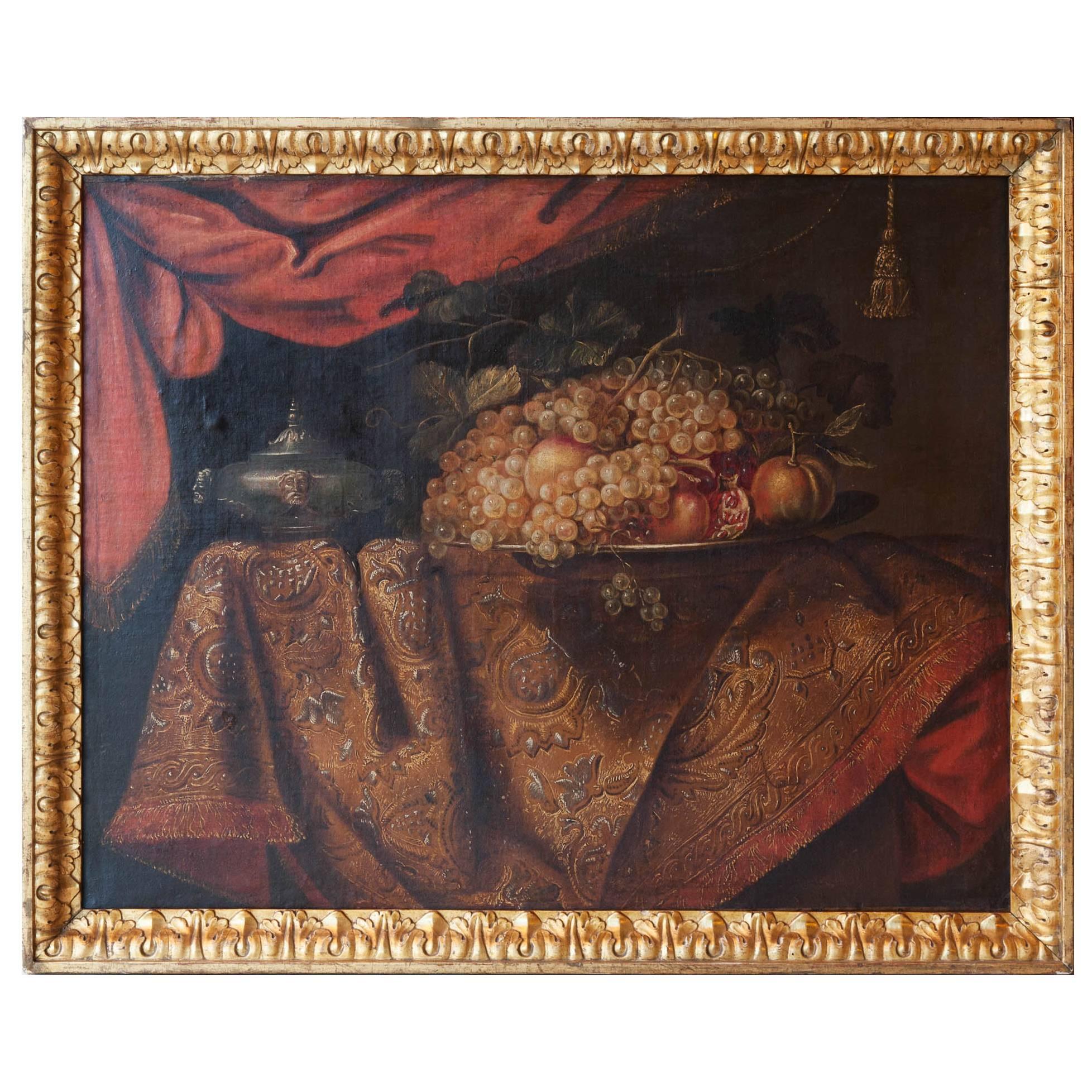 17th Century Oil on Canvas, Still Life with Grapes, Pomegranates and Peaches For Sale
