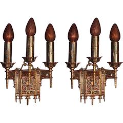 Antique Bronze Three Bulb Polychrome Wall Fixtures, circa 1920