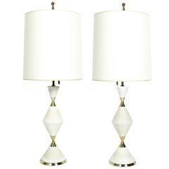 Pair of Sculptural Ivory White Ceramic Lamps by Gerald Thurston