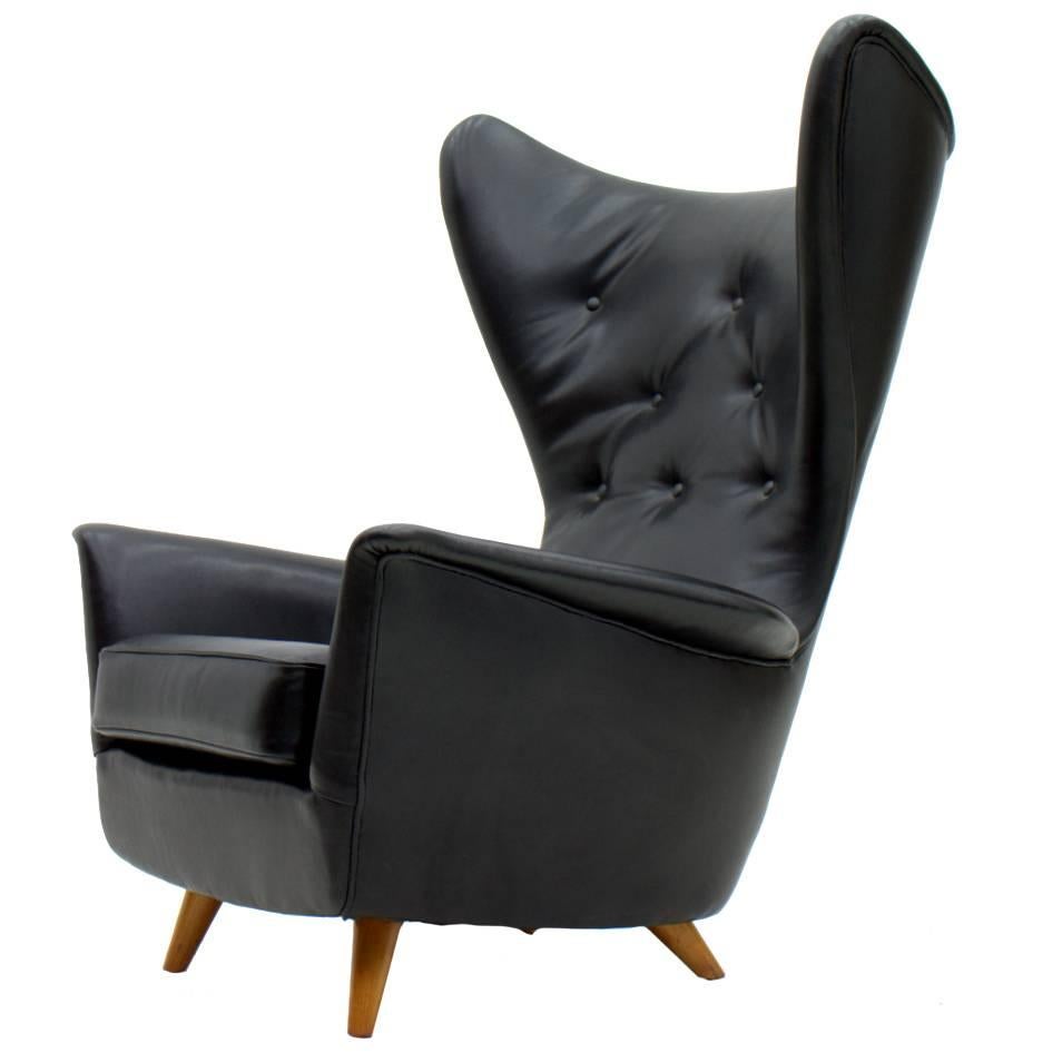 Black Leather Wingback Lounge Chair, 1950s For Sale