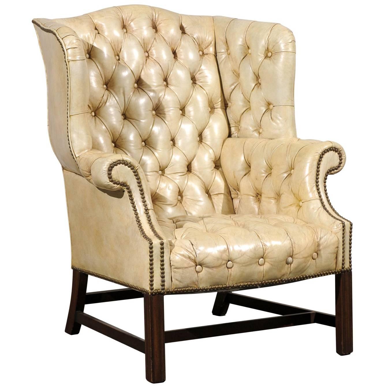 20th Century Tufted Georgian Style Wing Chair, White Leather