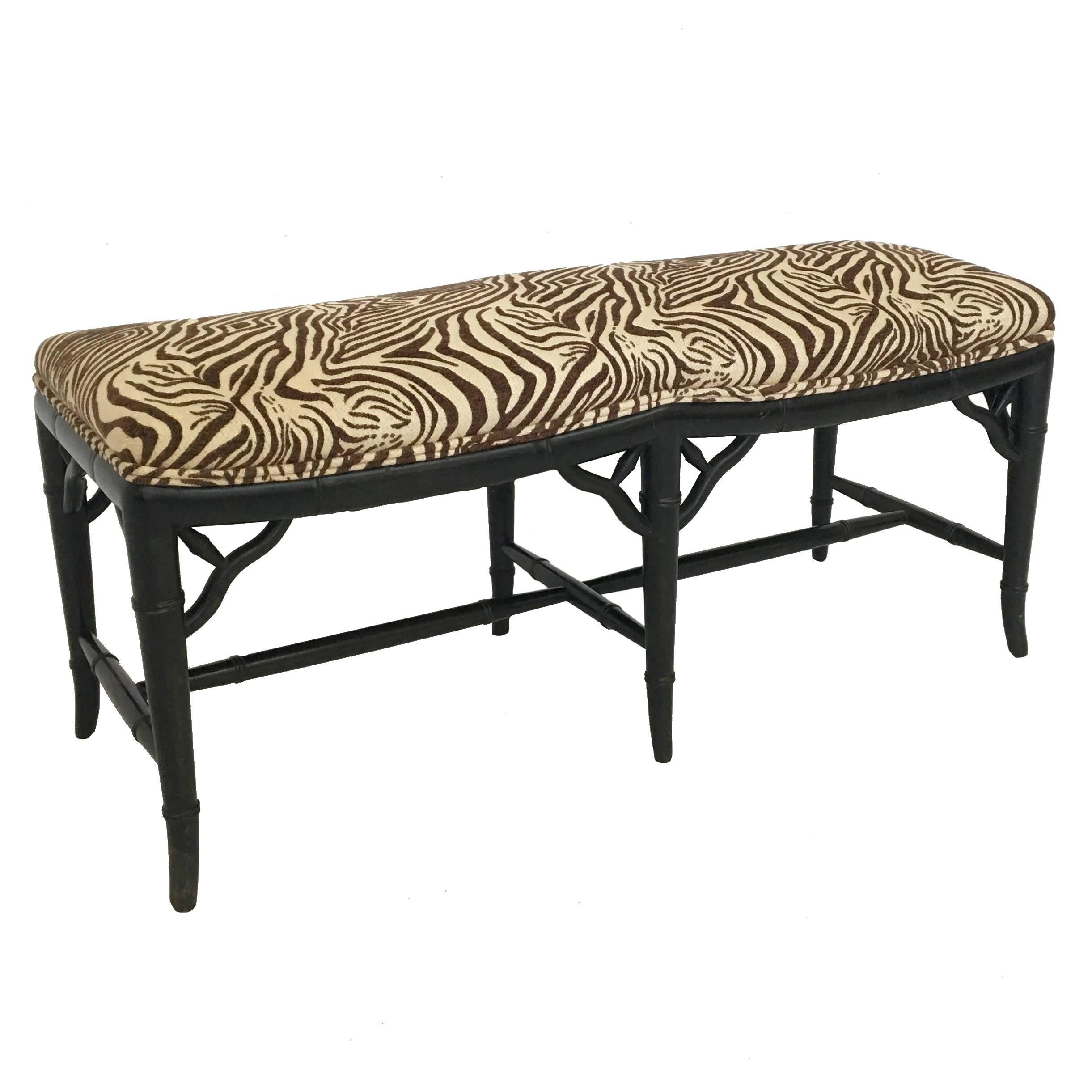 Mid-Century Faux Bamboo Upholstered Bench For Sale