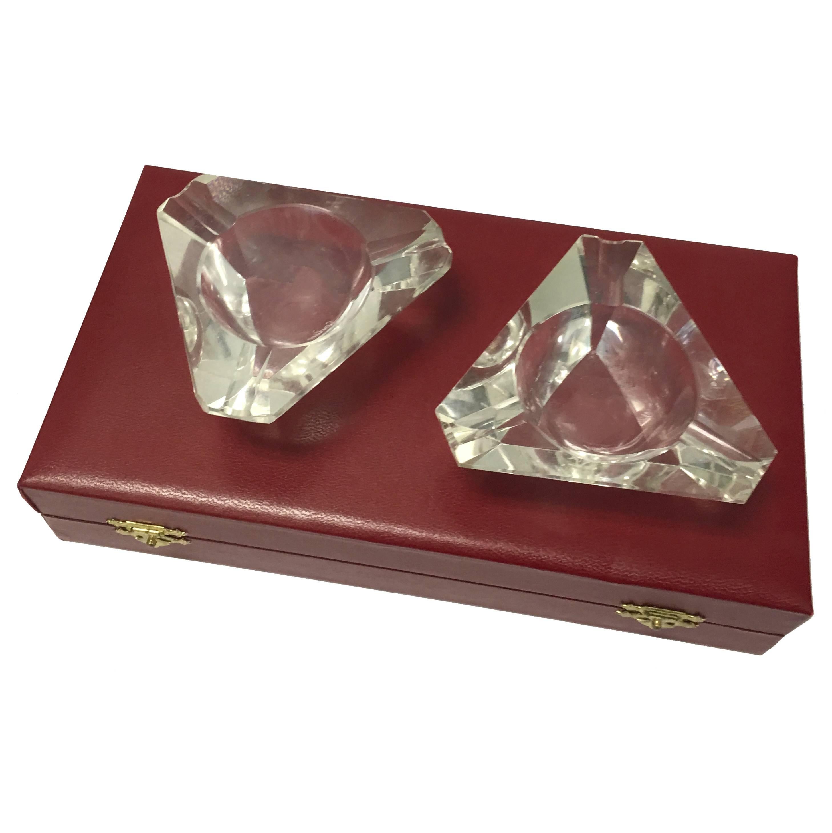Pair of Cartier Crystal Ashtrays in Red Cartier Box