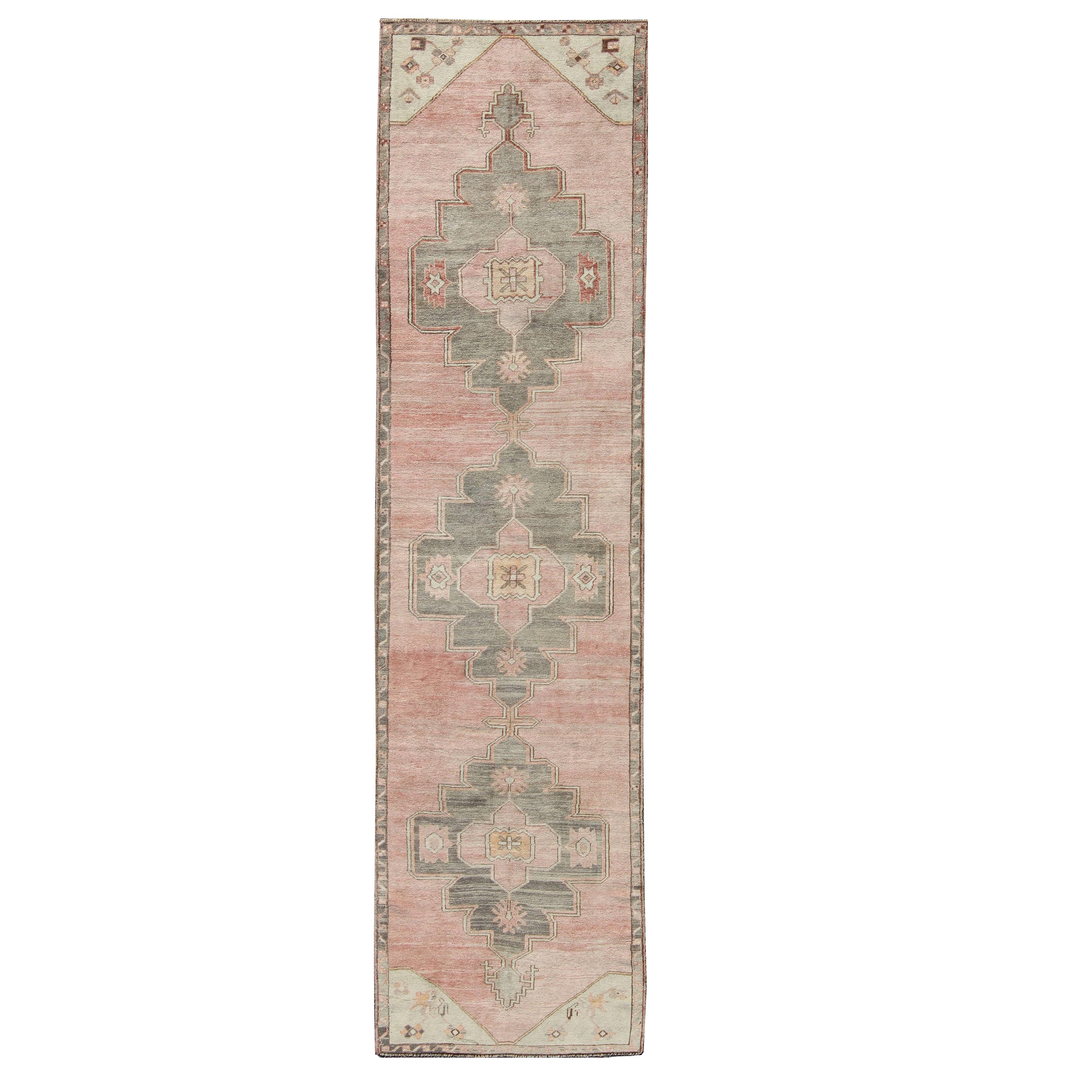 Coral and Pink Turkish Oushak Runner with Medallion Design For Sale