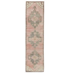 Pink Turkish Oushak Runner with Medallion Design With Gray and Lt Green